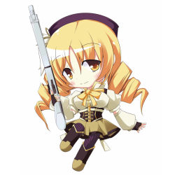Rule 34 | 10s, 1girl, beret, blonde hair, blush, boots, brown thighhighs, chibi, corset, detached sleeves, drill hair, full body, gun, hair ornament, hairpin, hat, kibunya, long hair, magical girl, magical musket, mahou shoujo madoka magica, mahou shoujo madoka magica (anime), musket, pleated skirt, puffy sleeves, simple background, skirt, smile, solo, striped clothes, striped thighhighs, thighhighs, tomoe mami, trigger discipline, twin drills, twintails, vertical-striped clothes, vertical-striped thighhighs, weapon, white background, yellow eyes
