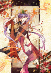 Rule 34 | 1girl, autumn leaves, bangle, barefoot, biwa lute, bracelet, breasts, brown dress, chain, commentary request, dress, feet, floating, flower, full body, hair flower, hair ornament, hands up, hisona (suaritesumi), instrument, jewelry, long hair, looking at viewer, lute (instrument), medium breasts, musical note, parted lips, purple eyes, purple hair, shawl, short hair, sleeveless, sleeveless dress, smile, solo, touhou, tsukumo benben