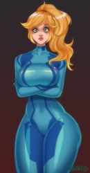 Rule 34 | 1girl, arms under breasts, blonde hair, blue bodysuit, bodysuit, breasts, covered navel, cowboy shot, eyeshadow, freckles, gradient background, green eyes, highres, hizzacked, large breasts, long hair, looking at viewer, makeup, metroid, nintendo, ponytail, samus aran, solo, thick thighs, thighs, zero suit