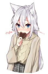 Rule 34 | 1girl, absurdres, animal ear fluff, animal ears, beige sweater, blue eyes, blush, candy, cat ears, chocolate, chocolate heart, coat, commentary request, embarrassed, food, heart, highres, long hair, long sleeves, nose blush, nuko miruku, original, plaid, plaid skirt, silver hair, simple background, skirt, sweater, valentine, white background