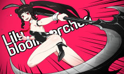 Rule 34 | 1girl, ahoge, animal ears, armband, ass, black footwear, black hair, blush, cain (gunnermul), character name, drill hair, emphasis lines, english text, fake animal ears, fake tail, half-closed eyes, hatching (texture), high heels, highres, holding, holding scythe, holding weapon, leotard, lily bloomerchen, necktie, open mouth, playboy bunny, pointing weapon, rabbit ears, rabbit tail, red eyes, red necktie, scythe, shiny skin, smile, solo, soulworker, sparkle, tail, teeth, twintails, upper teeth only, weapon
