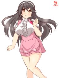 Rule 34 | 1girl, alternate costume, anna miller, apron, artist logo, badge, black hair, blouse, breasts, brown eyes, commentary request, dated, feet out of frame, frilled shirt, frills, hairband, haruna (kancolle), highres, kanon (kurogane knights), kantai collection, large breasts, long hair, looking at viewer, pink apron, pink skirt, shirt, simple background, skirt, solo, standing, underbust, waitress, white background, white hairband, white shirt