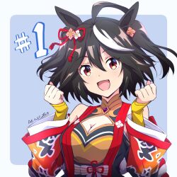 Rule 34 | 1girl, :d, ahoge, animal ears, bare shoulders, black hair, border, cleavage cutout, clothing cutout, dated, detached sleeves, flower, flower ornament, hair between eyes, hair flower, hair ornament, highres, horse ears, horse girl, kitasan black (umamusume), looking at viewer, multicolored hair, nii manabu, open mouth, red eyes, red ribbon, ribbon, short hair, signature, smile, solo, streaked hair, two-tone hair, umamusume, upper body, white border, white hair