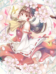 Rule 34 | 1girl, ascot, bare shoulders, blunt bangs, bow, branch, brown eyes, brown hair, bug, butterfly, cherry blossoms, detached sleeves, floral background, flower, frilled shirt, frilled skirt, frills, from side, hair bow, hair tubes, hakurei reimu, highres, insect, japanese clothes, long hair, long sleeves, looking at viewer, miko, mimoto (aszxdfcv), nontraditional miko, petals, ponytail, ribbon-trimmed sleeves, ribbon trim, sarashi, shirt, sidelocks, skirt, skirt set, sleeveless, sleeveless shirt, sleeves past wrists, smile, solo, spring (season), touhou, wide sleeves