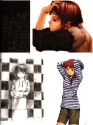 Rule 34 | 1990s (style), 1girl, abe yoshitoshi, absurdres, arms behind head, arms up, artbook, asymmetrical hair, brown eyes, brown hair, hair ornament, hairclip, hand on head, highres, iwakura lain, looking down, monochrome, official art, partially colored, retro artstyle, scan, serial experiments lain, shirt, short hair, shorts, sketch, striped clothes, striped shirt, traditional media