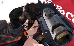 Rule 34 | 1girl, android, arm up, artist logo, black gloves, blush, breasts, brown hair, camouflage, camouflage jacket, character name, cleavage, commentary, detached sleeves, foreshortening, gloves, grey jacket, gun, hair between eyes, handgun, highres, hololive, jacket, looking at viewer, mechanical arms, nejime, no eyewear, open clothes, open jacket, parted lips, red background, revolver, roboco-san, roboco-san (1st costume), short hair, signature, simple background, solo, virtual youtuber, weapon, white background, yellow eyes