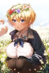 Rule 34 | 1girl, 1other, black gloves, black jacket, black pantyhose, blonde hair, blue eyes, blue neckwear, blue skirt, blue sky, blurry, blush, breasts, buckle, button gap, collarbone, collared shirt, commentary request, cowboy shot, day, depth of field, field, flower, flower field, girls&#039; frontline, gloves, hair between eyes, hair ornament, hands on own knees, head wreath, highres, jacket, large breasts, long sleeves, looking to the side, mole, mole under eye, neck ribbon, outdoors, pantyhose, parted lips, polla, ribbon, shirt, shirt tucked in, short hair, sidelocks, signature, skirt, sky, snap-fit buckle, snowflake hair ornament, solo focus, sparkle, squatting, vsk-94 (girls&#039; frontline), white flower, white shirt