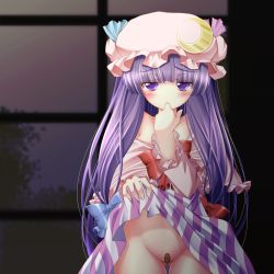 Rule 34 | 1girl, bandaid, bandaid on pussy, bow, clothes lift, crescent moon, dress, dress lift, female focus, finger in own mouth, hat, iganseijin, indoors, long hair, moon, nature, no panties, patchouli knowledge, purple hair, sky, solo, striped, tears, touhou
