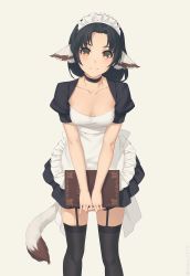 Rule 34 | 1girl, animal ear request, animal ears, apron, artist name, black choker, black thighhighs, book, breasts, brown eyes, choker, cleavage, collarbone, commentary request, dog ears, eruruu, highres, holding, holding book, long hair, long sleeves, looking at viewer, maid, maid apron, maid headdress, miura-n315, parted bangs, puffy short sleeves, puffy sleeves, short sleeves, simple background, small breasts, solo, standing, tail, thighhighs, utawarerumono, utawarerumono: itsuwari no kamen, yellow background