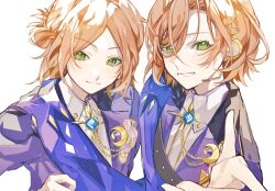 Rule 34 | 2boys, aoi hinata, aoi yuta, blue jacket, brothers, closed mouth, crescent, crescent pin, daifugo happy, ensemble stars!, green eyes, headset, highres, idol clothes, jacket, long sleeves, looking at viewer, multiple boys, open mouth, orange hair, short hair, siblings, smile, teeth, twins