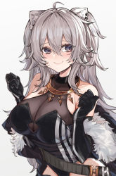 Rule 34 | 1girl, ahoge, animal ear fluff, animal ears, appleseed (appleseed art), bare shoulders, black gloves, blush, bodystocking, breasts, cleavage, closed mouth, ear piercing, elbow gloves, fur trim, gloves, grey eyes, grey hair, hair between eyes, hands up, highres, hololive, jewelry, large breasts, leotard, lion ears, lion girl, long hair, messy hair, necklace, piercing, see-through, see-through cleavage, shishiro botan, shishiro botan (1st costume), sideways glance, simple background, smile, solo, two side up, very long hair, virtual youtuber, white background