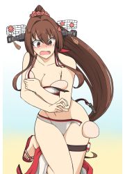 Rule 34 | 1girl, bikini, blush, breast padding, breasts, brown eyes, brown hair, cleavage, collarbone, covering privates, covering breasts, flip-flops, hair between eyes, hamu koutarou, headgear, highres, kantai collection, long hair, medium breasts, navel, open mouth, ponytail, sandals, solo, swimsuit, thigh strap, white bikini, yamato (kancolle)