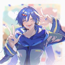 Rule 34 | 1boy, ^ ^, attakaito (vocaloid), blue hair, blue nails, blue scarf, blurry, blurry foreground, closed eyes, coat, hair ornament, hairpin, headset, heart, heart hair ornament, highres, kaito (vocaloid), linch, long sleeves, male focus, nail polish, open mouth, scarf, short hair, smile, solo, v, vocaloid