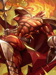 Rule 34 | 1boy, abs, belt, cape, dutch angle, fate/grand order, fate (series), fire, gauntlets, helmet, highres, lance, leonidas (fate), male focus, manly, marimoppoi, muscular, polearm, shin guards, solo, weapon