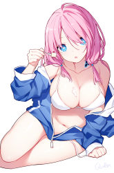 Rule 34 | 1girl, :o, ahoge, alternate breast size, arknights, armpit crease, bare shoulders, bikini, blue eyes, blue jacket, blue poison (arknights), breasts, cake, cake slice, cleavage, collarbone, cream on body, food, hair over one eye, hand up, highres, holding, jacket, large breasts, long hair, long sleeves, looking at viewer, low twintails, navel, open clothes, open jacket, parted lips, pink hair, quan (kurisu tina), simple background, sitting, skindentation, solo, stomach, string bikini, swimsuit, thighs, twintails, untied bikini, white background, white bikini, yokozuwari