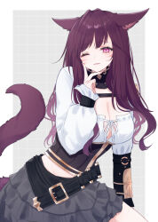 :3 animal_ears belt breasts cat_ears cat_tail cleavage cleavage_cutout clothing_cutout facial_mark final_fantasy final_fantasy_xiv highres looking_at_viewer miqo&#039;te one_eye_closed purple_eyes purple_hair purple_tail sana_(sanamaru_0w0) shirt skirt smile tail warrior_of_light_(ff14)