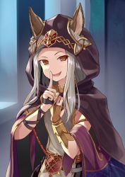 Rule 34 | 1girl, animal ears, blush, brown eyes, cloak, commentary request, ears through headwear, erune, finger to mouth, granblue fantasy, grin, hand on own chest, head tilt, hinami (hinatamizu), hood, hood up, long hair, looking at viewer, open mouth, revision, scathacha (granblue fantasy), silver hair, smile, solo
