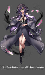 Rule 34 | 1girl, bare shoulders, boots, center opening, company name, crystal ball, full body, green eyes, grey background, gyakushuu no fantasica, hood, long hair, official art, open mouth, purple hair, ryuki@maguro-ex, simple background, solo