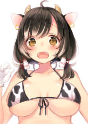 Rule 34 | 1girl, ahoge, animal ears, animal print, bikini, black hair, blush, breasts, breasts apart, brown eyes, cow ears, cow horns, cow print, earrings, female focus, front-tie top, hair ornament, hair ribbon, horns, jewelry, large breasts, looking at viewer, low twintails, midorikawa you, open mouth, original, ribbon, short hair, simple background, solo, swimsuit, twintails, upper body, white background