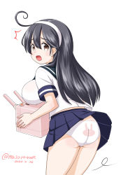Rule 34 | 1girl, ^^^, adapted turret, ahoge, animal print, ass, back-print panties, black hair, blue sailor collar, blue skirt, breast rest, breasts, brown eyes, cannon, clothes lift, dated, hairband, kantai collection, large breasts, long hair, looking at viewer, masara (chuujou), open mouth, panties, pleated skirt, print panties, rabbit print, sailor collar, school uniform, serafuku, simple background, skirt, skirt lift, solo, surprised, turret, twitter username, underwear, ushio (kancolle), white background, white hairband, white panties, wind, wind lift