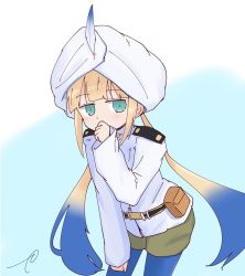 Rule 34 | 1girl, blonde hair, blue background, blue hair, blue pantyhose, blush, brown shorts, captain nemo (fate), commentary request, covered mouth, fate (series), gradient background, gradient hair, green eyes, hand up, highres, jacket, kujou karasuma, long hair, long sleeves, low twintails, multicolored hair, nemo (fate), pantyhose, short shorts, shorts, sidelocks, signature, solo, turban, twintails, very long hair, white background, white jacket
