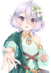 Rule 34 | 1girl, antenna hair, bare shoulders, blush, bridal gauntlets, collarbone, commentary request, detached sleeves, dress, flower, glint, green dress, green sleeves, hair between eyes, hair flower, hair ornament, kokkoro (princess connect!), long sleeves, looking at viewer, miri (ago550421), parted lips, pointy ears, princess connect!, puffy long sleeves, puffy sleeves, purple eyes, see-through, see-through sleeves, silver hair, simple background, sleeveless, sleeveless dress, smile, solo, upper body, white background, white footwear