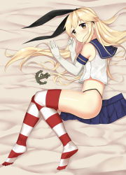 Rule 34 | 10s, 1girl, absurdres, anchor, bad id, bad pixiv id, blonde hair, elbow gloves, eyebrows, full body, gloves, highres, hip focus, kantai collection, long hair, looking at viewer, miniskirt, reclining, rudestewing, shimakaze (kancolle), skirt, solo, striped clothes, striped thighhighs, thighhighs, white gloves, yellow eyes