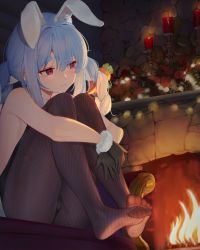 Rule 34 | 1girl, absurdres, animal ear fluff, animal ears, banned artist, bare arms, black gloves, black pantyhose, blue hair, braid, carrot hair ornament, closed mouth, commentary request, extra ears, feet, fire, fireplace, food-themed hair ornament, gloves, hair between eyes, hair ornament, highres, hololive, hugging own legs, indoors, knees up, long hair, looking away, multicolored hair, no shoes, pantyhose, rabbit ears, red eyes, short eyebrows, sitting, solo, streaked hair, tearing up, thick eyebrows, twin braids, twintails, usada pekora, virtual youtuber, white hair, yiku (sim7368)