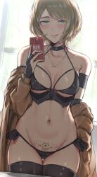 Rule 34 | 1girl, :q, absurdres, ashley graham, black bra, black panties, black thighhighs, blonde hair, blush, bra, breasts, brown jacket, capcom, cellphone, choker, closed mouth, corset, green eyes, highres, holding, holding phone, jacket, jewelry, licking lips, medium breasts, micchan (micchanmeido), navel, necklace, off shoulder, panties, phone, pubic tattoo, resident evil, resident evil 4, resident evil 4 (remake), selfie, short hair, smartphone, solo, stomach, tattoo, thighhighs, tongue, tongue out, underwear