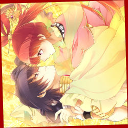 Rule 34 | 1boy, 1girl, bad id, bad pixiv id, black hair, blush, couple, eye contact, hair ornament, hair rings, hair stick, hetero, holding another&#039;s wrist, holding own arm, hutuumikan, jewelry, judal, looking at another, lots of jewelry, magi the labyrinth of magic, pink eyes, red eyes, red hair, ren kougyoku, shawl