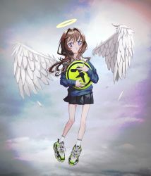 Rule 34 | 1girl, absurdres, angel (nadegata), angel wings, bad id, bad twitter id, black skirt, blue shirt, brown hair, detached wings, feathered wings, flying, gishiki (gshk), hair intakes, halo, highres, holding, long hair, long sleeves, looking at viewer, original, parted lips, pleated skirt, purple eyes, sailor collar, shirt, shoes, skirt, socks, solo, white sailor collar, white socks, white wings, wings