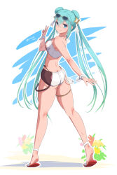 Rule 34 | 1girl, ankleband, aqua eyes, aqua hair, ass, bare shoulders, breasts, butt crack, closed mouth, crop top, crossed bangs, double bun, eyewear on head, from behind, full body, hair between eyes, hair bun, halterneck, hatsune miku, highres, long hair, looking at viewer, looking back, medium breasts, micro shorts, racing miku, sandals, shorts, simple background, smile, solo, sunglasses, thigh strap, twintails, v, very long hair, vocaloid, wrist wrap, yukichi (yu-ame)