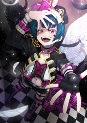 Rule 34 | 1girl, belt, birthday, black feathers, black hair, black wings, blue hair, blunt bangs, boots, bracelet, breasts, checkered floor, choker, clothing cutout, crazy smile, earrings, facial mark, fangs, feathered wings, feathers, fingerless gloves, fishnets, foreshortening, garter straps, gloves, grin, hand on own head, happy birthday, hat, highres, jacket, jewelry, knee boots, large breasts, long hair, looking at viewer, looking up, love live!, love live! school idol festival, love live! school idol project, love live! sunshine!!, nail polish, navel, navel cutout, open mouth, outstretched hand, purple eyes, single glove, smile, solo, teeth, tsushima yoshiko, white feathers, white wing, white wings, wings, yuama (drop)