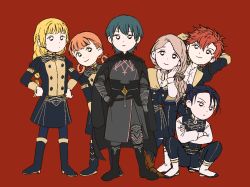 Rule 34 | 3boys, 3girls, annette fantine dominic, armor, arms behind head, blonde hair, blue eyes, blue hair, boots, bow, braid, braided ponytail, byleth (fire emblem), byleth (male) (fire emblem), cape, crossed arms, dress, felix hugo fraldarius, fire emblem, fire emblem: three houses, full body, garreg mach monastery uniform, green eyes, hair bow, hand on own face, ingrid brandl galatea, looking at viewer, mercedes von martritz, multiple boys, multiple girls, nintendo, open clothes, open shirt, orange eyes, orange hair, ponytail, red background, red eyes, red hair, simple background, squatting, sylvain jose gautier, twintails