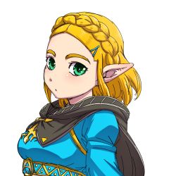 Rule 34 | 1girl, black cape, blonde hair, blue shirt, blush, braid, breasts, cape, closed mouth, commentary request, crown braid, forehead, green eyes, hair ornament, hairclip, hanya (hanya yashiki), looking at viewer, medium breasts, nintendo, pointy ears, princess zelda, shirt, short hair, simple background, solo, the legend of zelda, the legend of zelda: breath of the wild, the legend of zelda: tears of the kingdom, thick eyebrows, triforce, underbust, white background