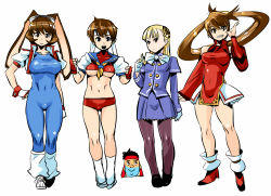 Rule 34 | 4girls, adapted costume, animal ears, ankle boots, blonde hair, blue bodysuit, blue sailor collar, blunt bangs, bodysuit, boots, bow, breasts, brown eyes, brown hair, buruma, capcom fighting jam, china dress, chinese clothes, covered navel, crop top, cropped jacket, crossover, detached sleeves, dress, fingerless gloves, flipped hair, gloves, goggles, goggles on head, guilty gear, hair rings, hairpods, halterneck, hand on own hip, headband, ingrid (capcom), kasugano sakura, kuradoberi jam, large breasts, leg warmers, long hair, makihara arina, mary janes, midriff, multiple crossover, multiple girls, navel, pantyhose, puffy short sleeves, puffy sleeves, rabbit ears, red eyes, ryao, ryu (street fighter), sailor collar, shoes, short hair, short sleeves, skin tight, skirt, skirt set, small breasts, sneakers, socks, standing, street fighter, taut clothes, underboob, very long hair, waku waku 7, white gloves