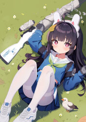 Rule 34 | 1girl, absurdres, animal, baozi 9527, bird, black gloves, black hair, blue archive, blue shirt, blue skirt, blush, bolt action, closed mouth, flower, gloves, grass, green neckerchief, gun, highres, leaf, long hair, long sleeves, looking at viewer, lying, midriff, miyu (blue archive), mosin-nagant, neckerchief, on back, pantyhose, pleated skirt, red eyes, rifle, sailor collar, shirt, shoes, skirt, solo, weapon, white footwear, white pantyhose, white sailor collar