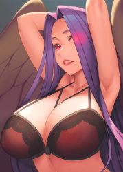 Rule 34 | 1girl, armpits, arms behind head, arms up, bra, breasts, cleavage, close-up, fate/grand order, fate (series), feathered wings, glowing, glowing eyes, gorgon (fate), large breasts, lingerie, lips, long hair, looking at viewer, medusa (fate), medusa (rider) (fate), nipples, parted lips, pink eyes, portrait, purple hair, red bra, rider, rotix, see-through, solo, underwear, upper body, wings