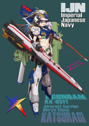 Rule 34 | black hair, blue eyes, bow (weapon), char&#039;s counterattack, character name, commentary request, commission, cosplay, dress, full body, grey background, gun, gundam, helmet, kantai collection, katsuragi (kancolle), long hair, machinery, mecha musume, midriff, moke ro, nu gundam (rx-93ff), nu gundam (rx-93ff) (cosplay), pixiv commission, pleated dress, ponytail, simple background, skirt, smile, weapon, white skirt