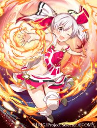 Rule 34 | 10s, 1girl, ;d, bare hips, fire, hair ribbon, looking at viewer, official art, one eye closed, open mouth, ribbon, grey eyes, silver hair, smile, solo, sun symbol, tama (wixoss), twintails, wixoss, yuzuki kihiro