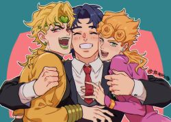 Rule 34 | 3boys, :d, black jacket, black nails, blonde hair, blue hair, blush, bracelet, closed eyes, commentary, dio brando, earrings, english commentary, facing viewer, family, fangs, father and son, formal, giorno giovanna, green eyes, green lips, grin, group hug, happy, headband, heart, honlo, hug, jacket, jewelry, jojo no kimyou na bouken, jonathan joestar, long hair, long sleeves, looking at viewer, male focus, multiple boys, muscular, necktie, open mouth, phantom blood, pink jacket, red eyes, red necktie, shirt, short hair, smile, stardust crusaders, vento aureo, vest, white shirt, yellow jacket
