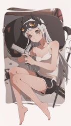 Rule 34 | 1girl, absurdres, ammunition belt, arknights, bare legs, barefoot, breasts, camisole, cat-shaped pillow, closed mouth, dolphin shorts, grey eyes, grey hair, gun, handgun, head wings, highres, holding, if f, irene (arknights), legs, long hair, looking at viewer, lying, midriff peek, pillow, rapier, revolver, scar, scar across eye, scar on face, shorts, sleep mask, small breasts, solo, sword, toes, weapon, white camisole, wings