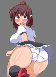 Rule 34 | 1girl, ass, black hair, blush, breasts, brown eyes, cameltoe, covered erect nipples, embarrassed, from behind, fukuro, geta, grey background, hat, huge ass, large breasts, looking at viewer, looking back, open mouth, panties, pointy ears, shameimaru aya, shiny skin, shirt, short hair, sideboob, simple background, skirt, solo, surprised, tokin hat, touhou, underwear, upskirt