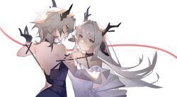 Rule 34 | 2girls, absurdres, alina (arknights), animal ears, antlers, arknights, backless dress, backless outfit, bare shoulders, black dress, black gloves, blue eyes, closed mouth, collarbone, commentary request, criss-cross halter, dress, eye contact, floating hair, gloves, grey eyes, grey hair, hair between eyes, hair intakes, halterneck, highres, horns, long hair, looking at another, multiple girls, naichabencha, profile, simple background, smile, talulah (arknights), very long hair, white background, white dress