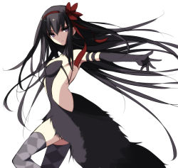 10s 1girl akemi_homura akuma_homura black_dress bow dress elbow_gloves female_focus gloves hair_bow headband highres hold_out_hand light_background long_hair looking_at_viewer mahou_shoujo_madoka_magica mahou_shoujo_madoka_magica:_hangyaku_no_monogatari misteor purple_eyes sidelocks simple_background solo thighhighs white_background zettai_ryouiki