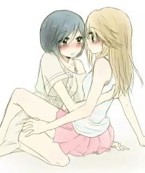 Rule 34 | 2girls, artist request, black hair, blonde hair, blush, couple, embarrassed, eye contact, girl friends (manga), hand on another&rsquo;s back, hand on another&rsquo;s thigh, highres, hug, kumakura mariko, legs, long hair, looking at another, multiple girls, oohashi akiko, short hair, simple background, skirt, thighs, white background, yuri
