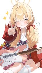 Rule 34 | 1girl, ;), absurdres, ahoge, blonde hair, blue archive, blush, closed mouth, commentary, electric guitar, guitar, hair ribbon, halo, highres, holding, holding instrument, instrument, jacket, long hair, long sleeves, official alternate costume, one eye closed, red jacket, red ribbon, ribbon, simple background, sitting, smile, solo, thighhighs, thighs, tiko (idadsa91), twintails, v, white background, white thighhighs, yellow eyes, yellow halo, yoshimi (band) (blue archive), yoshimi (blue archive)