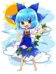 Rule 34 | 1girl, barefoot, blue dress, blue eyes, blue hair, bow, chibi, cirno, cloud, dress, flower, hair bow, hidden star in four seasons, ice, ice wings, looking at viewer, nikorashi-ka, open mouth, plant, puffy sleeves, ribbon, short hair, short sleeves, simple background, smile, summer, sun, sunflower, tan, tanned cirno, touhou, vines, wings