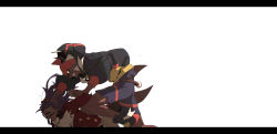Rule 34 | 2boys, absurdres, arms behind back, ascot, black hoodie, brown hair, buttons, clenched teeth, creatures (company), dark-skinned male, dark skin, facial hair, floating hair, game freak, gym leader, hair over eyes, hand on another&#039;s head, highres, holding another&#039;s wrist, hood, hoodie, leon (pokemon), letterboxed, long hair, male focus, multiple boys, nintendo, open mouth, orange headwear, pokemon, pokemon swsh, purple hair, raihan (pokemon), redlhzz, shoes, shorts, side slit, side slit shorts, simple background, teeth, white ascot, white background