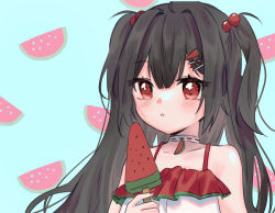 Rule 34 | black hair, blue background, collarbone, commentary, dress, emi suika, english commentary, food, food-themed hair ornament, fruit, grey choker, hair ornament, hairclip, holding, holding food, idol corp, korean commentary, mixed-language commentary, picdung, popsicle, red eyes, two side up, virtual youtuber, watermelon, watermelon hair ornament, white dress